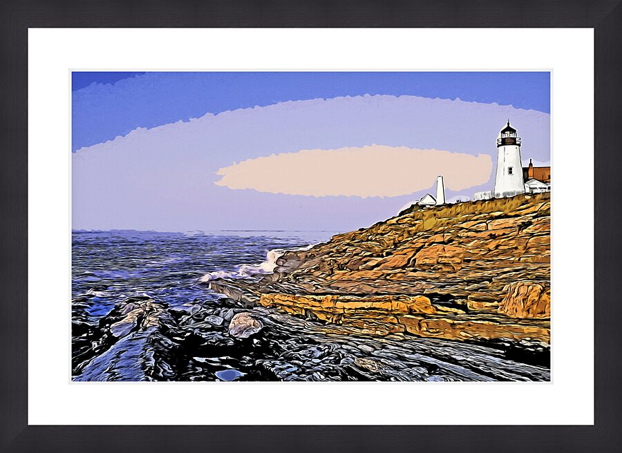 Early Dawn Surrounds Pemaquid Point Lighthouse Over Rocky Cliffs in Maine - Illus. Picture Frame print