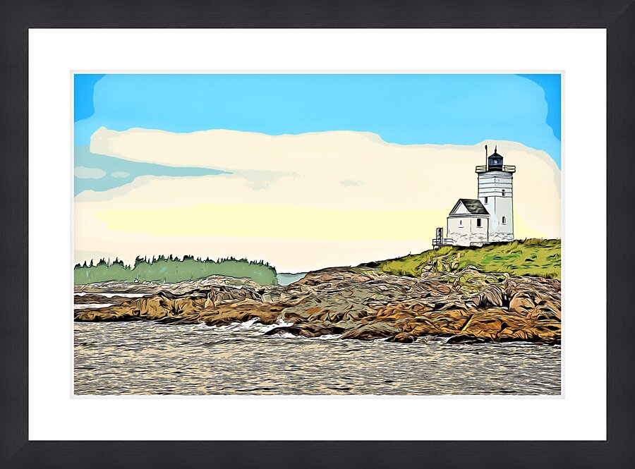 Two Bush Island Light Tower Among Rocky Islands in Midcoast Maine - Illus. Picture Frame print