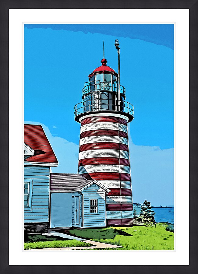 West Quoddy Head Light Striped Tower in Down East Maine - Illus. Picture Frame print