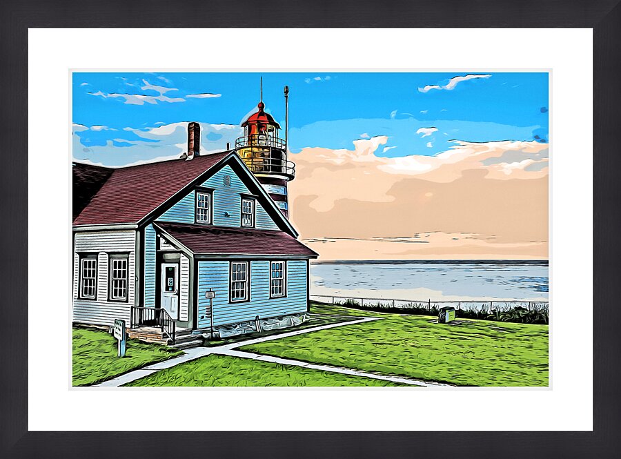Sunset in Front of West Quoddy Head Lighthouse in Maine - Illus. Picture Frame print