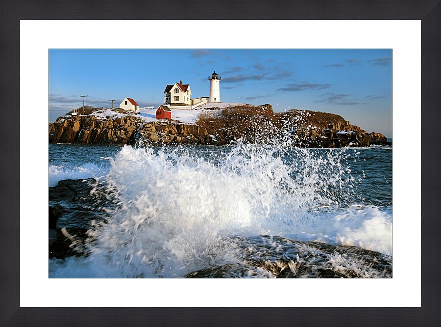 Waves Crashing Over Rocks by Cape Neddick Nubble Lighthouse During the Holidays in Maine Picture Frame print