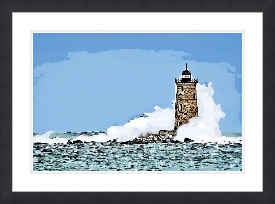 Great Wave Covers Stone Tower of Whaleback Light in Maine - Illus. Picture Frame print