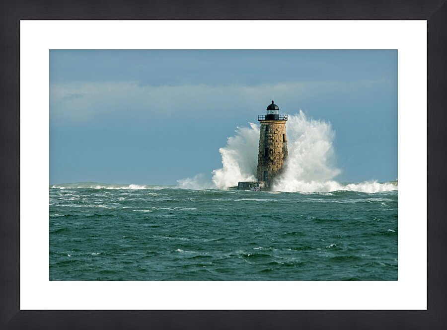 Perfect Crown Wave Surrounds Whaleback Lighthouse Tower in Maine Picture Frame print