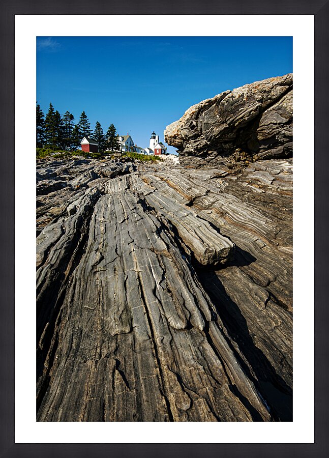 Rock Formations Extend Toward Pemaquid Point Lighthouse in Maine Picture Frame print