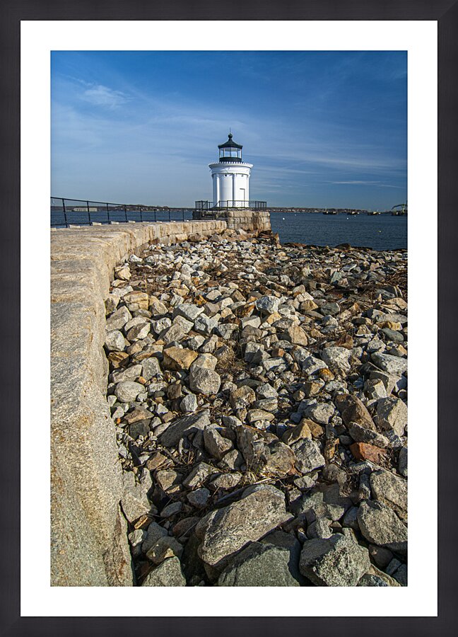 Breakwater Leads to Portland Breakwater Bug Light in Maine Picture Frame print