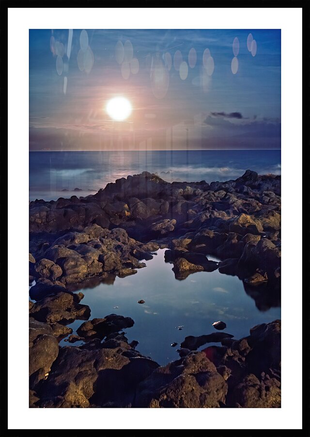 Black lava tidepool with full moon Ka Iwi Hawaii Picture Frame print