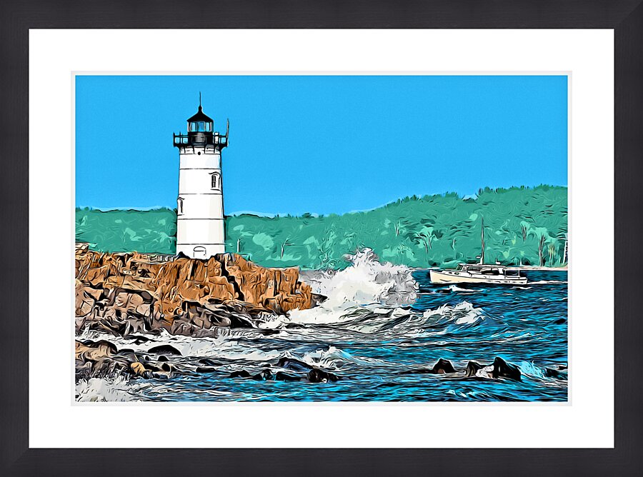 Portsmouth Light Guides Vessel From Rocky Shore in New Hampshire -Illus. Picture Frame print