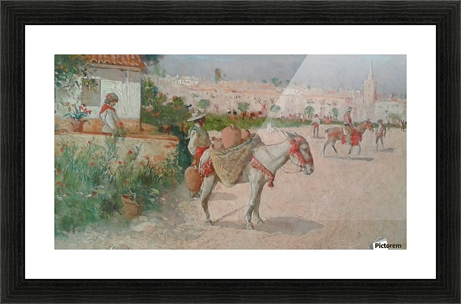 Scene with people and horses outside the city Picture Frame print