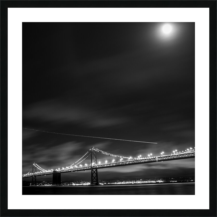 plane over bay bridge night full moon  square 282 Picture Frame print