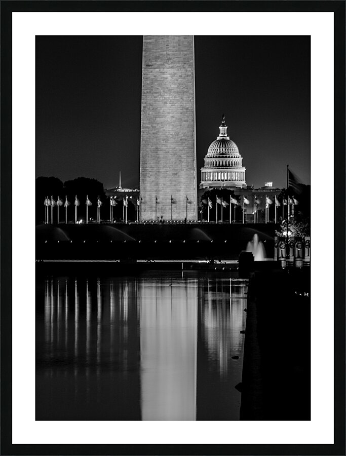 reflecting pool washington monument at night  ver Picture Frame print