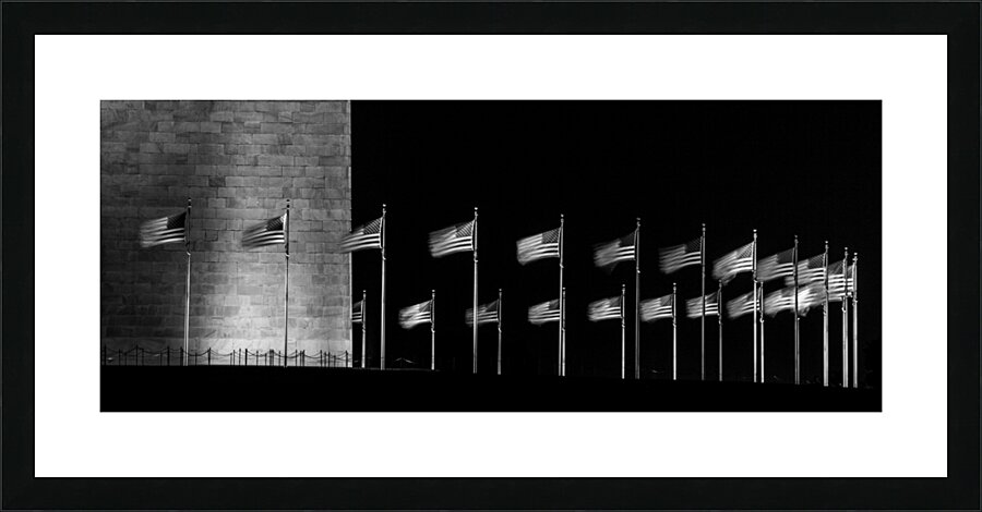 us flags washington monument at night  panoramic Picture Frame print