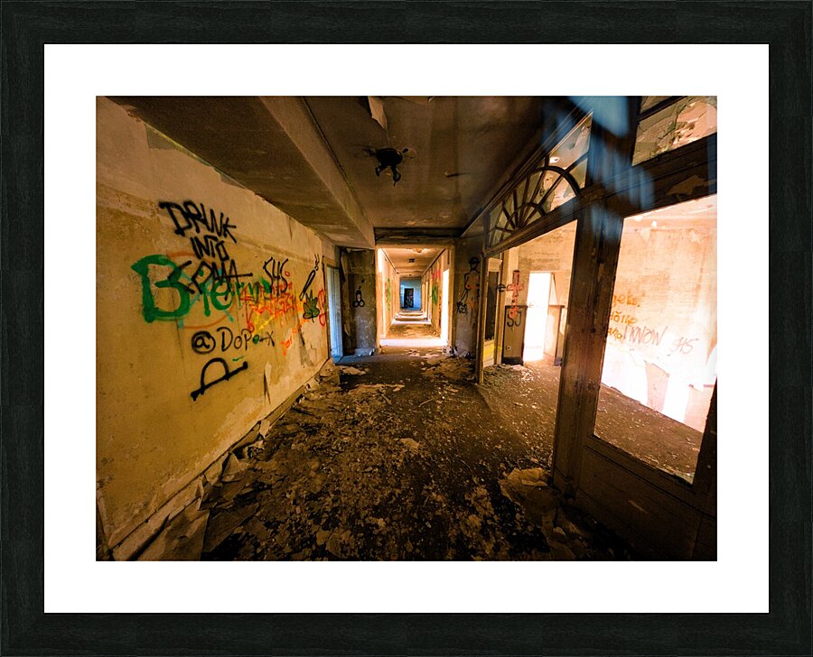 Decaying Hallway With Grafiti In Abandoned Luxurious Hotel Picture Frame print