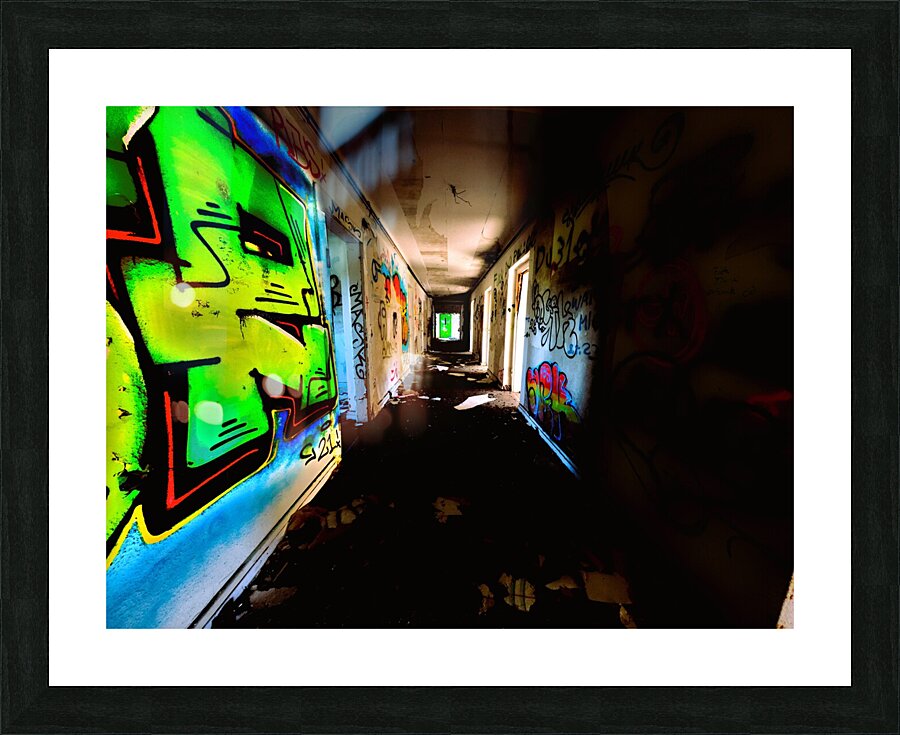 Glowing Grafiti On Decaying Hallway Of Abandoned Luxury Hotel Picture Frame print