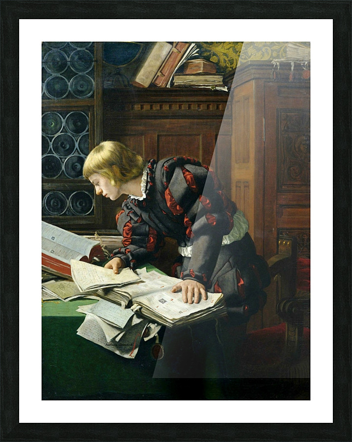 A young man researching some documents Picture Frame print