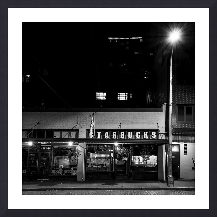 original starbucks at night  square 2678 Bux 13k. Picture Frame print