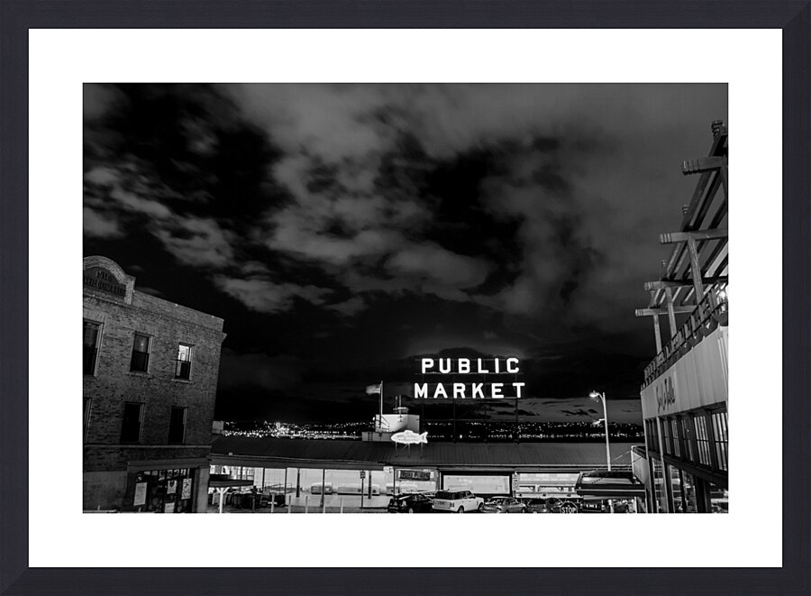 seattle public market sign at night  horizontal 3 Picture Frame print