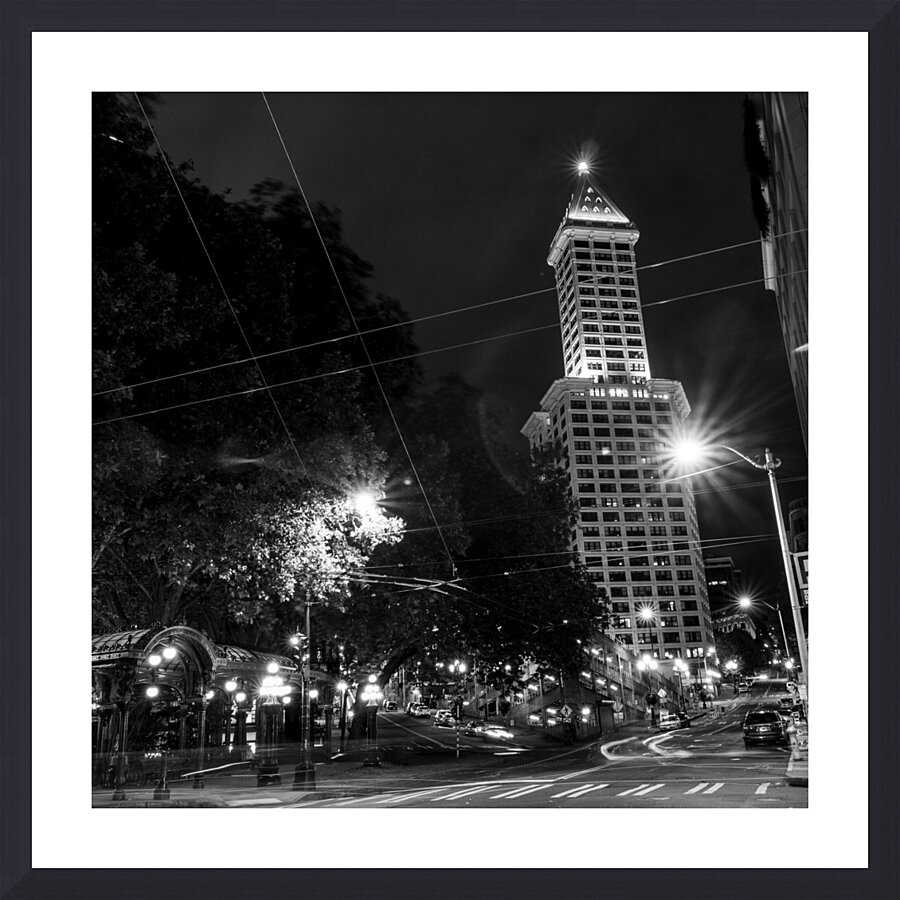 smith tower pioneer square at night  square 2703 Picture Frame print