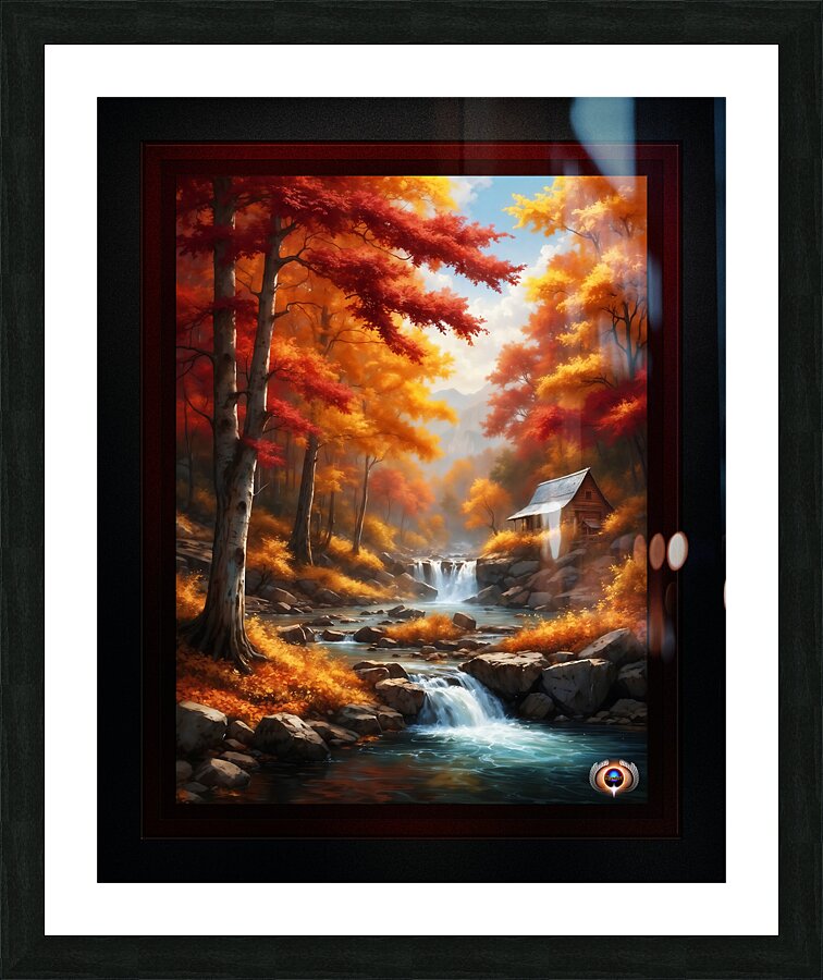 A Cabin In Autumn Woods Captivating AI Concept Art by Xzendor7 Picture Frame print