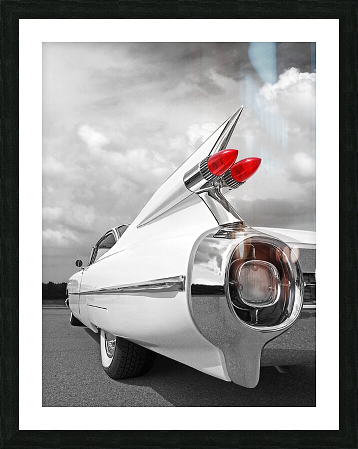 Reach For The Skies - 1959 Cadillac Tail Fins Black and White Picture Frame print