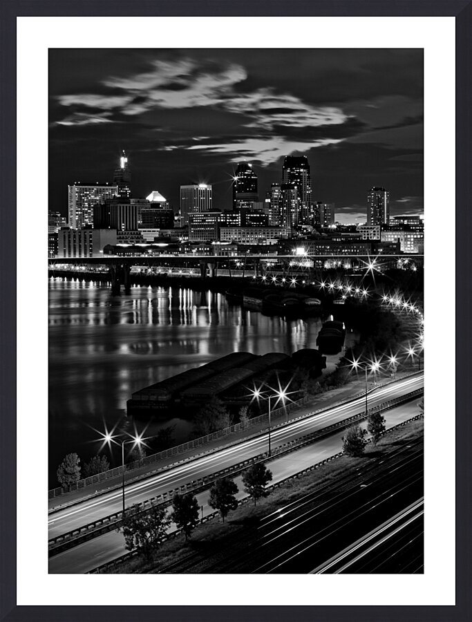 st paul skyline night  vertical 1721 Barges 2 13k Picture Frame print