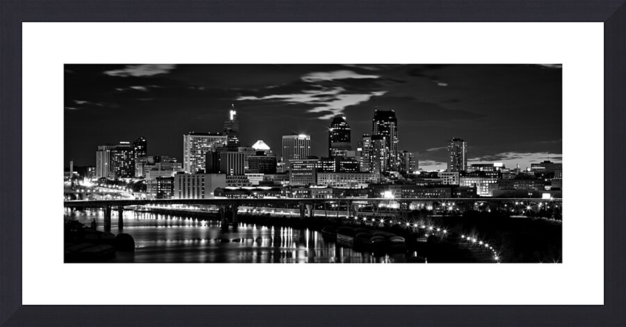 st paul skyline night  panoramic 1721 Barges 13k. Picture Frame print