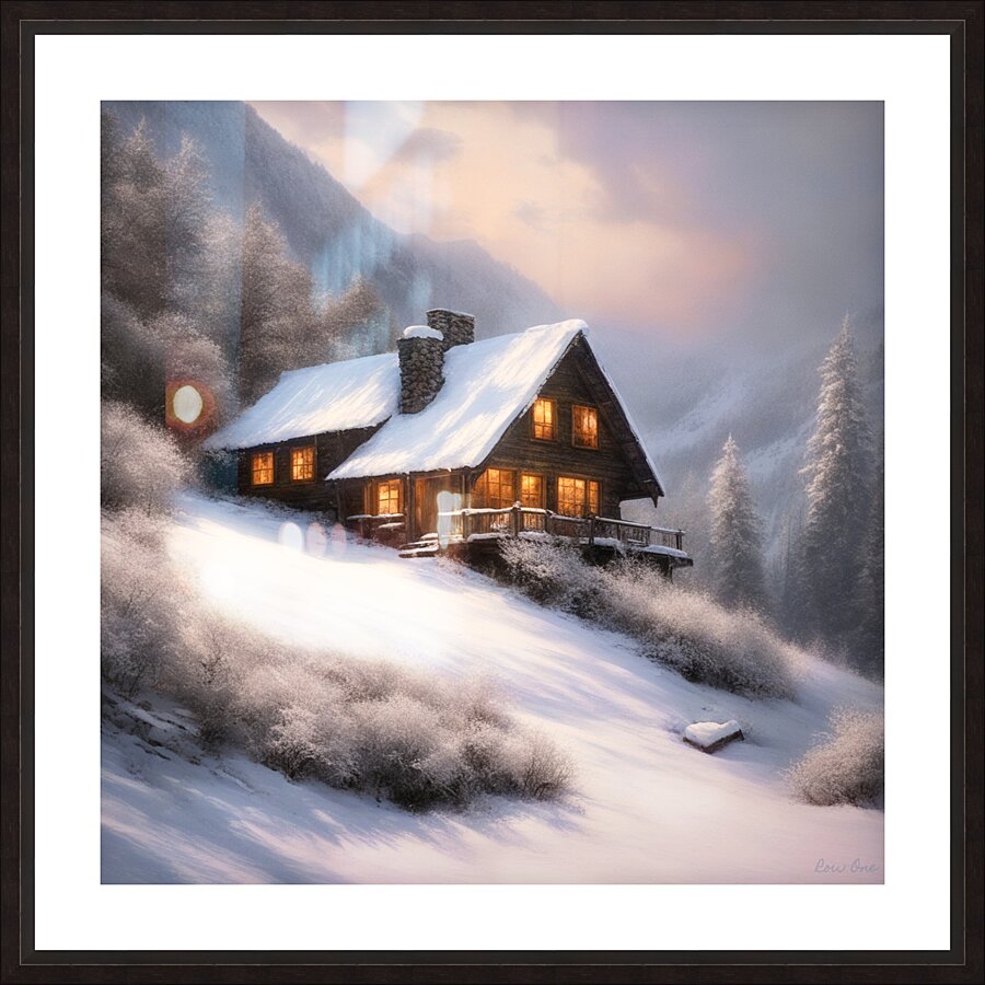 snowy cabin in mountains Picture Frame print
