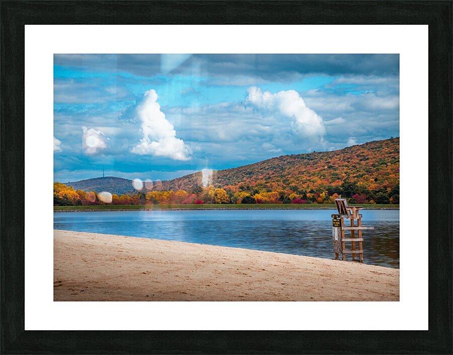Autumn Beach Scene with Lifeguard Chair at Mauch Chunk Lake Picture Frame print