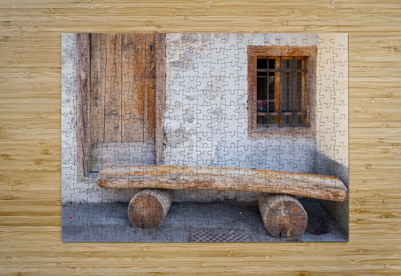 Italian Dolomite Mountains Old Wood Door and Bench Norma Brandsberg Photography Puzzle printing