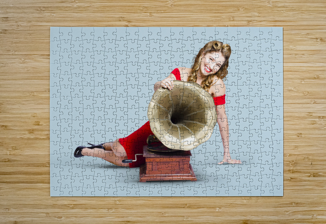 Beautiful pinup woman listening to old gramophone Jorgo Puzzle printing