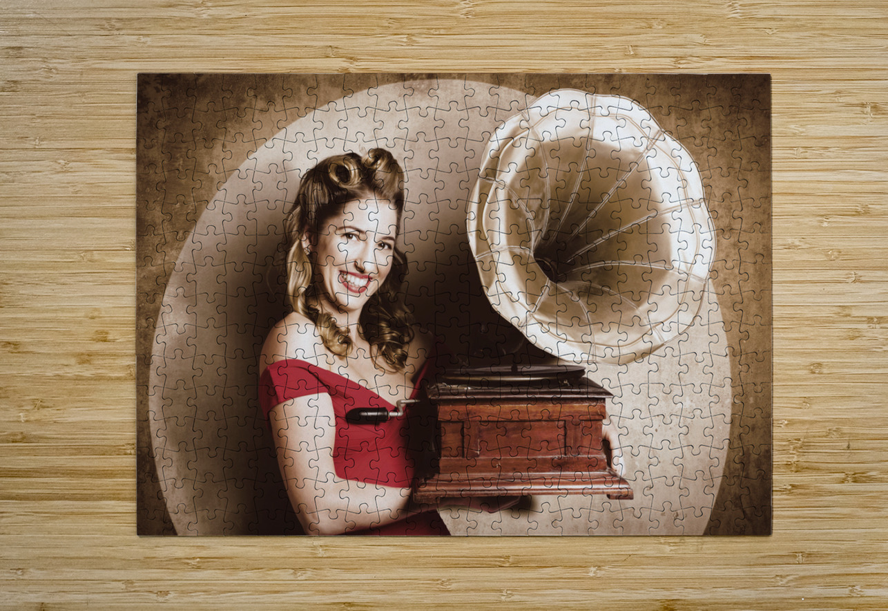 Vintage pin-up girl listening to record player Jorgo Puzzle printing