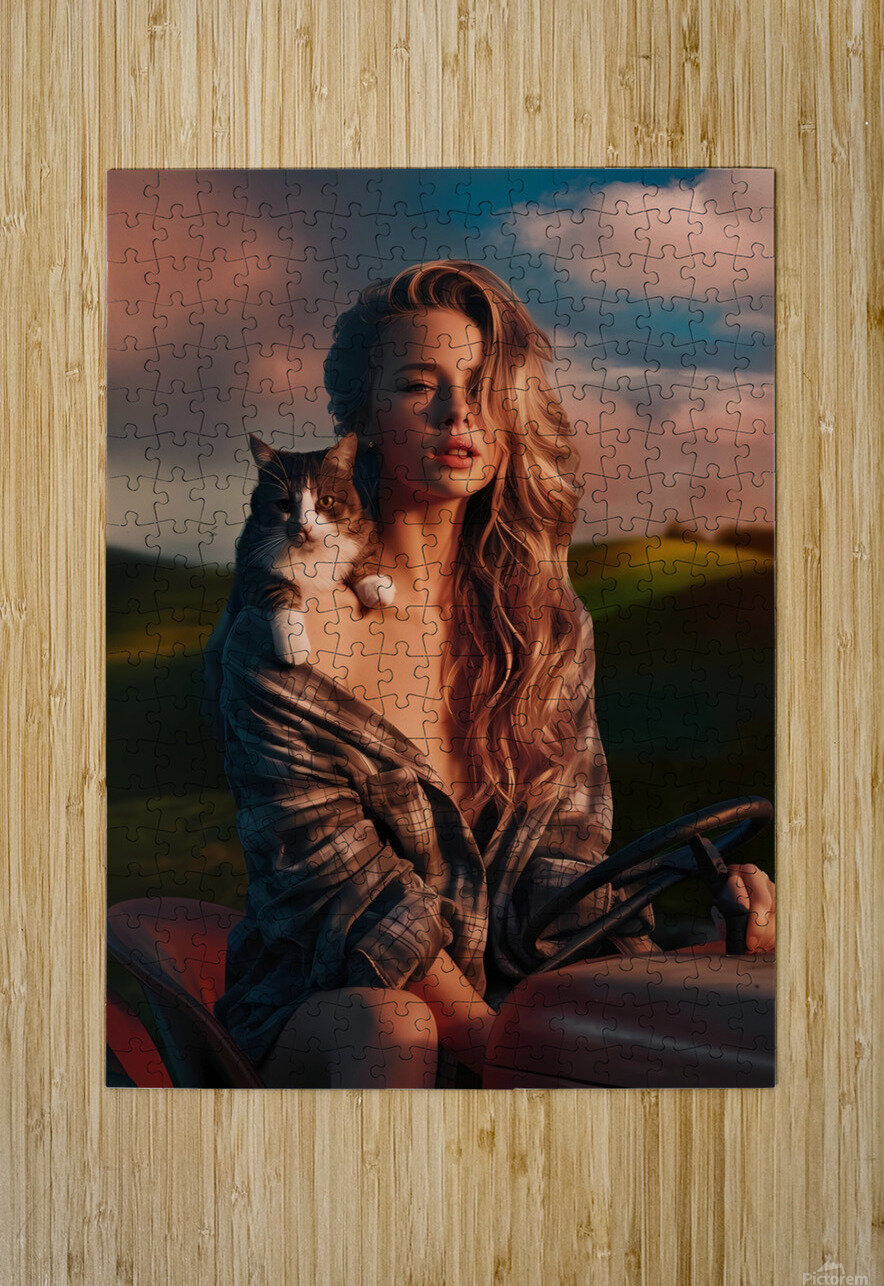 a captivating photograph of a young woman and cat Surf Puzzle printing