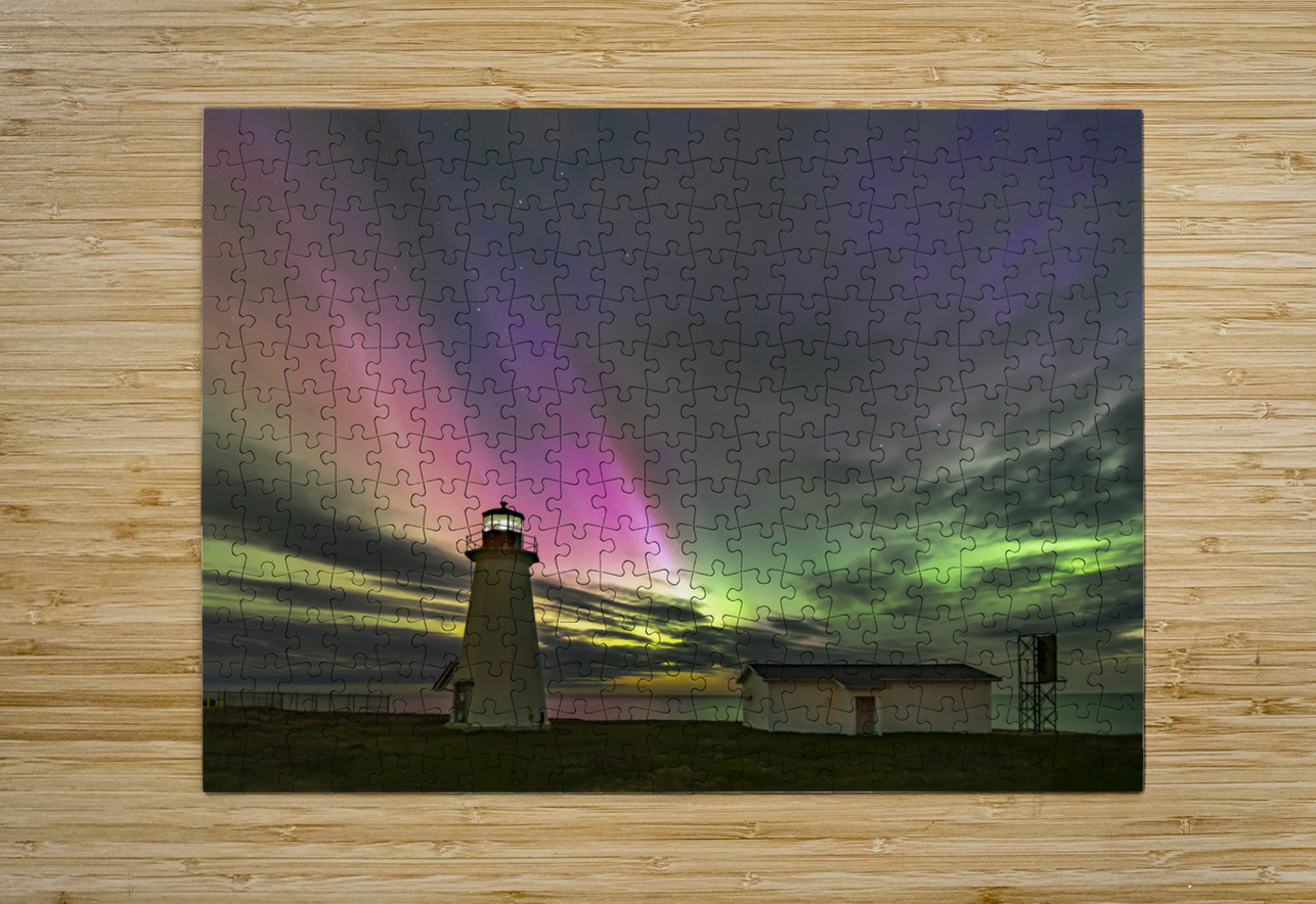 Northern_Lights_on_Cheticamp-Island_at_Enragee_Point_Lighthouse. Michel Soucy Puzzle printing