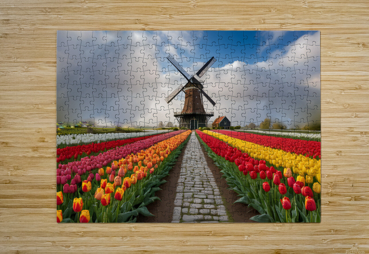 Beautiful Red and Yellow Tulips with sunrise with Windmill   MOHAMMED SALEM ALGHAMDI Puzzle printing