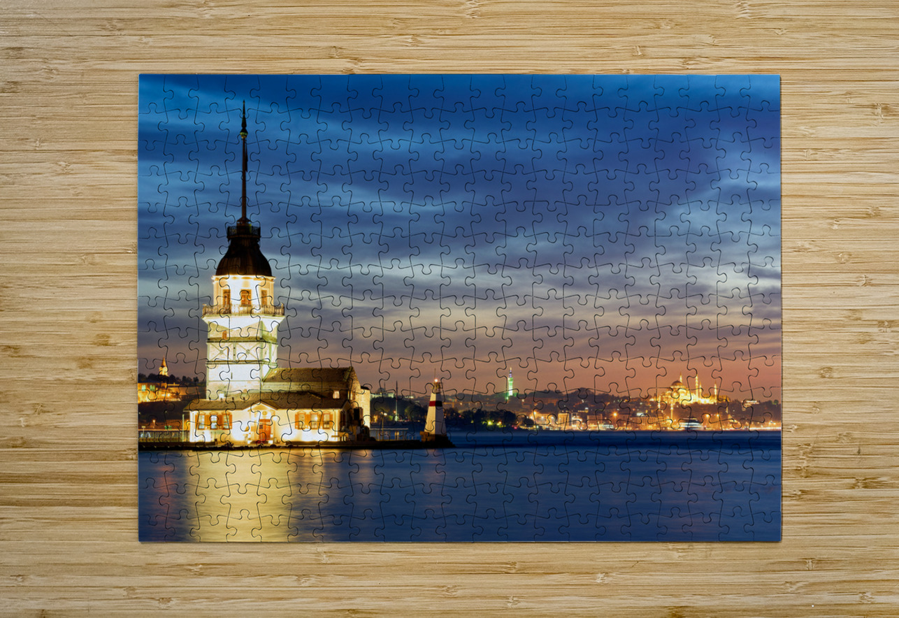 Istanbul Turkey. The Maidens tower on the Bosphorus and the Süleymaniye Mosque at sunset Marco Brivio Puzzle printing