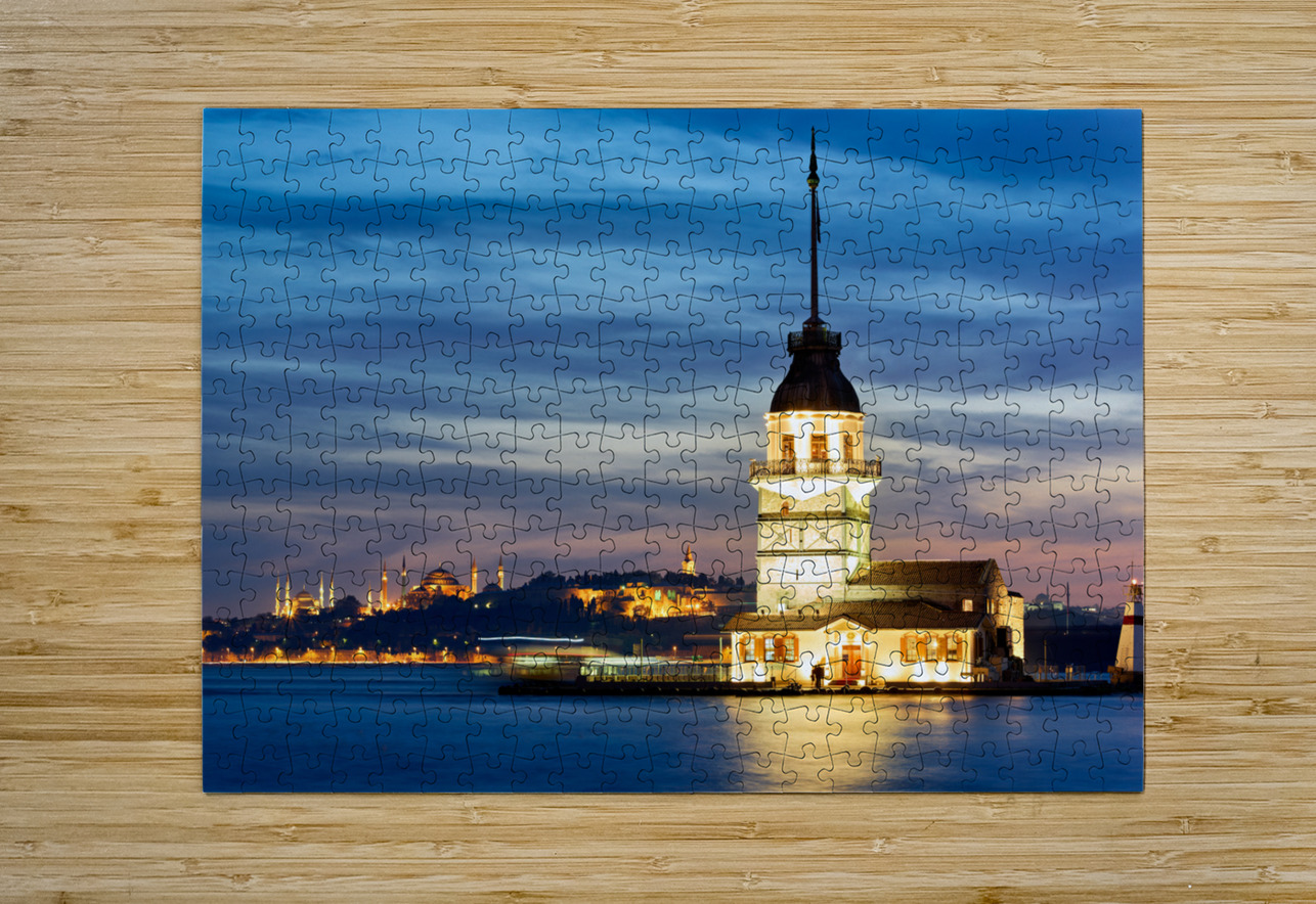 Istanbul Turkey. The Maidens tower on the Bosphorus and Blue Mosque Hagia Sophia at sunset Marco Brivio Puzzle printing
