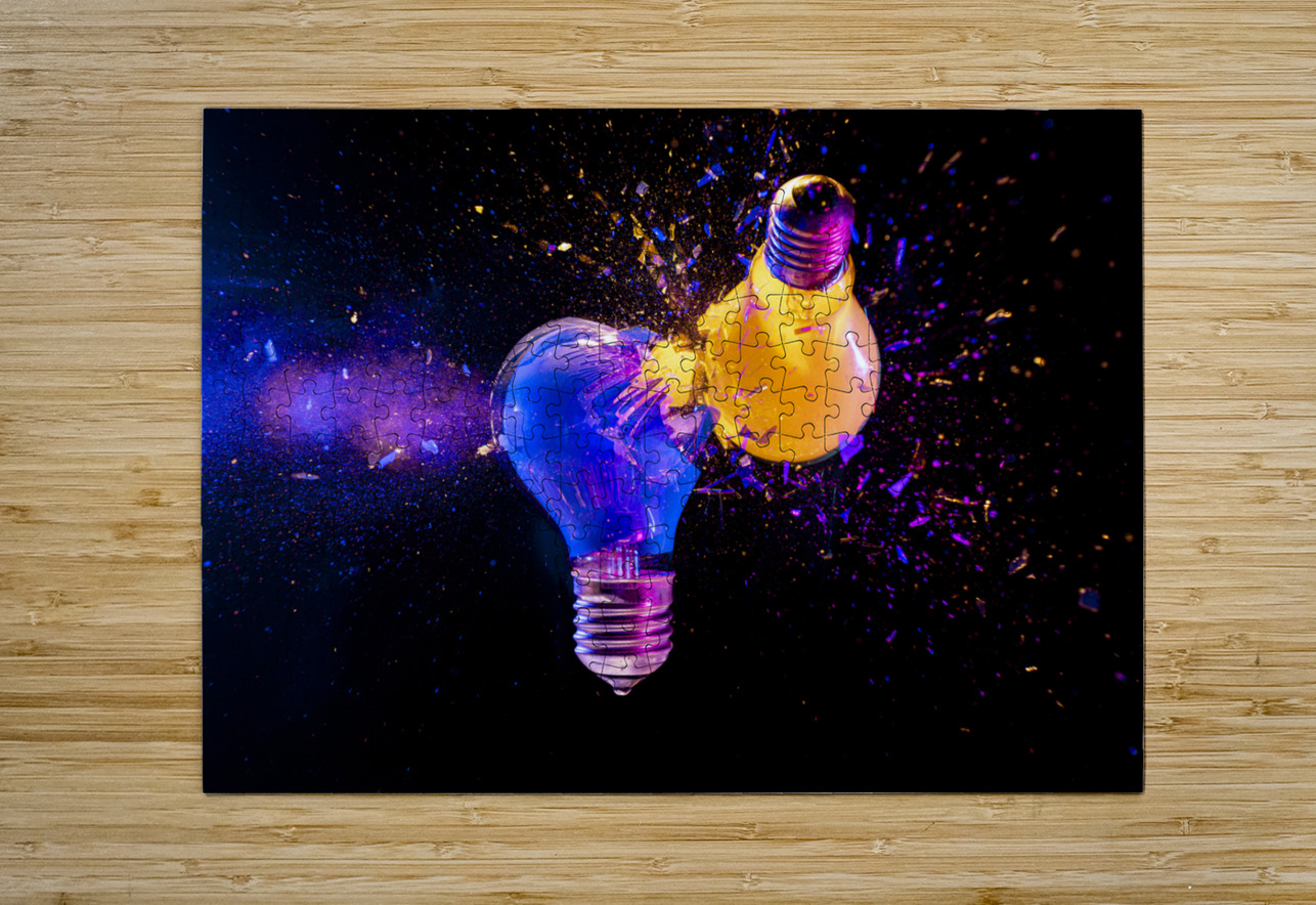 Two colorful light bulbs exploding in a cloud of shards Gualtiero Boffi Puzzle printing