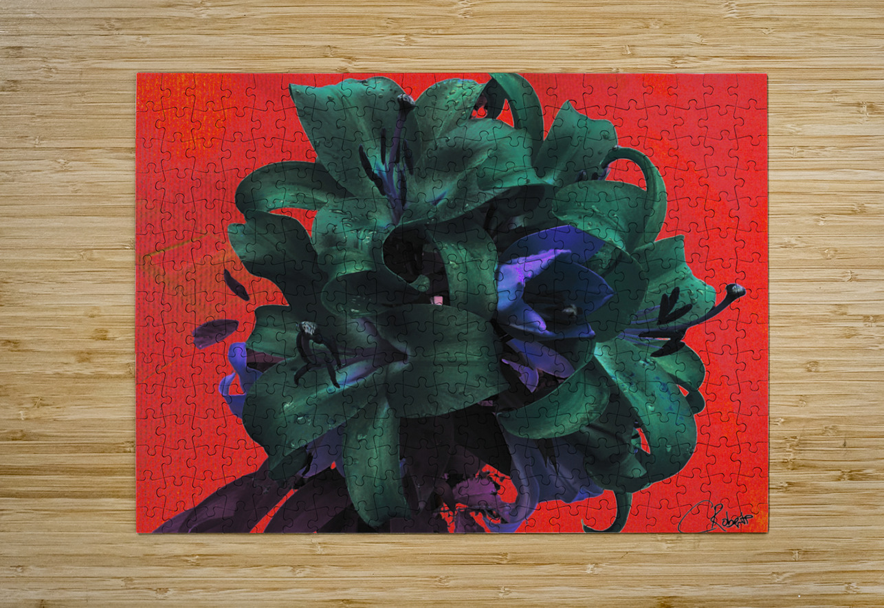 Abstract Green and Blue Lilies on a Red Background Catriona Roberts Nature Photography and Designs Puzzle printing