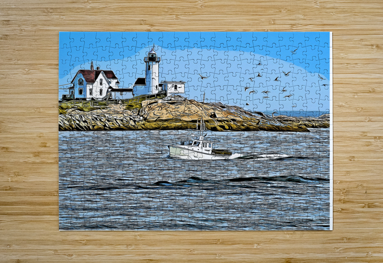 Eastern Point Lighthouse Guides Lobster Boat in Massachusetts - Illus. Allan Wood Puzzle printing