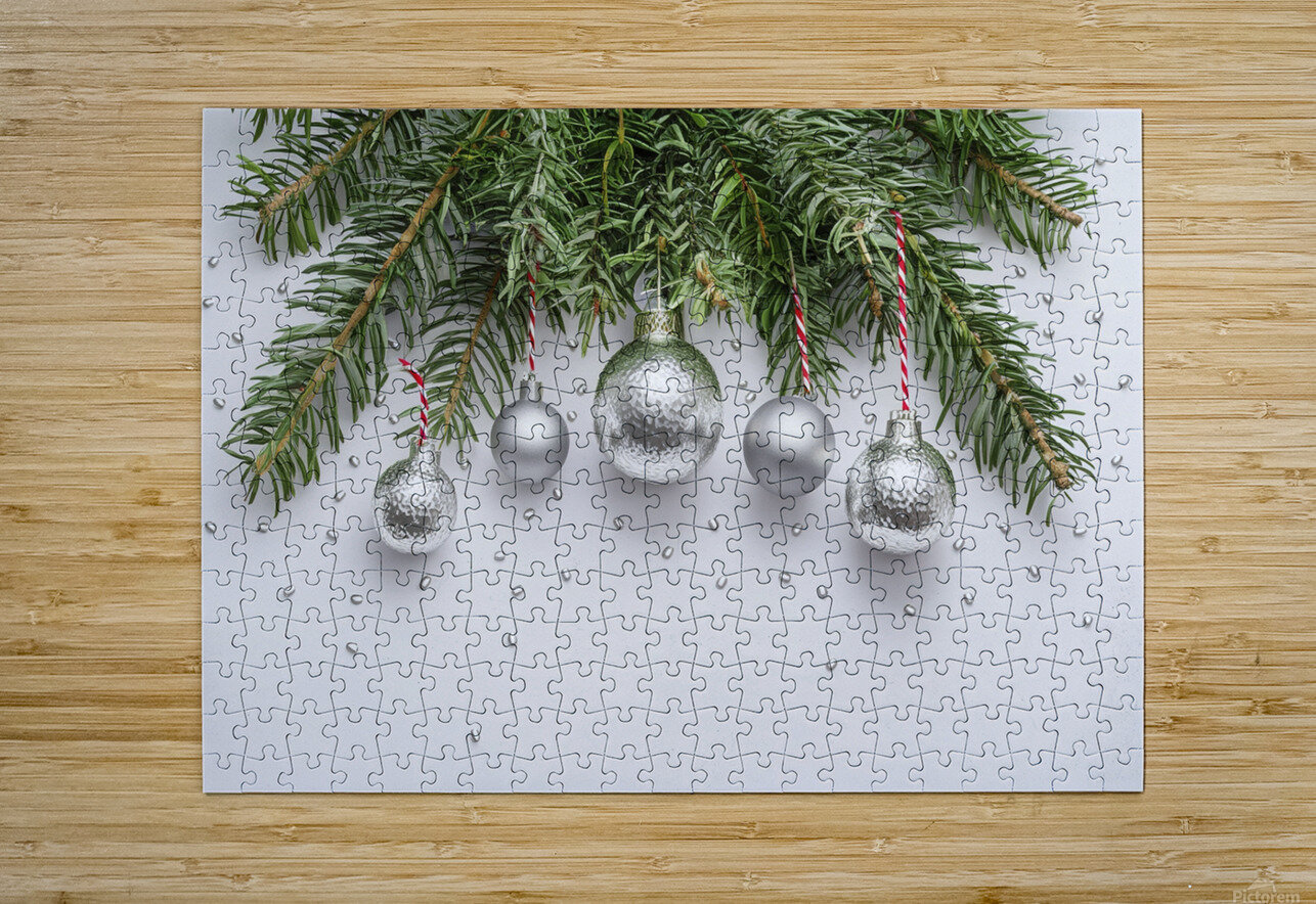 Christmas festive decoration in the form of a Christmas tree with silver toys Sergiu Gutium Puzzle printing