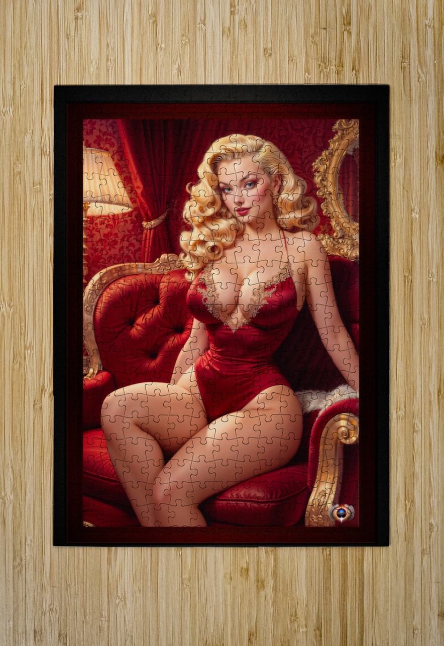 An Elegant Blonde Bombshell Pin Up Girl Sitting On A Red Velvet Sofa Gorgeous AI Concept Art by Xzendor7 xzendor7 Puzzle printing