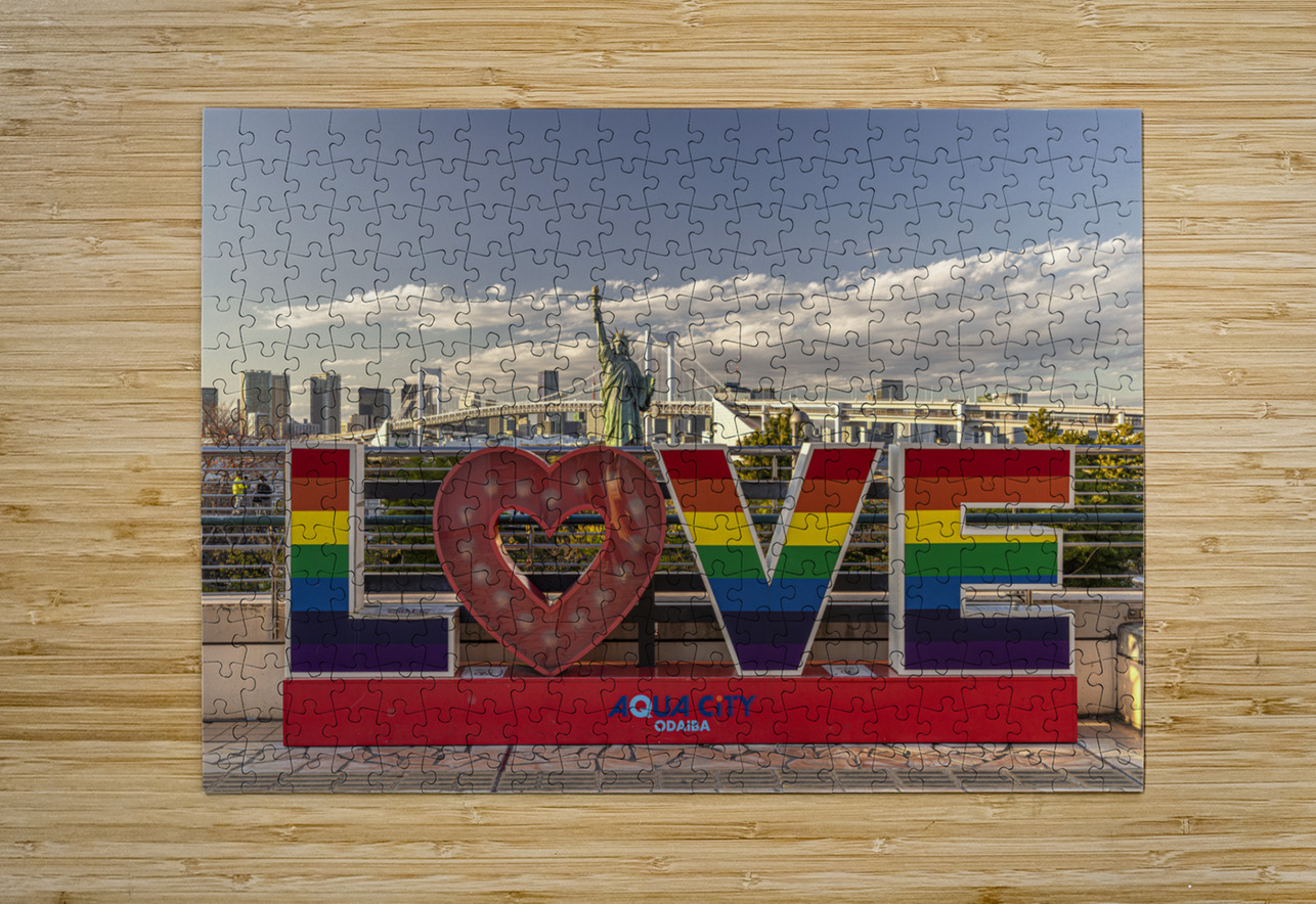 Rainbow love sign standing in front of rainbow bridge  tokyo Gualtiero Boffi Puzzle printing