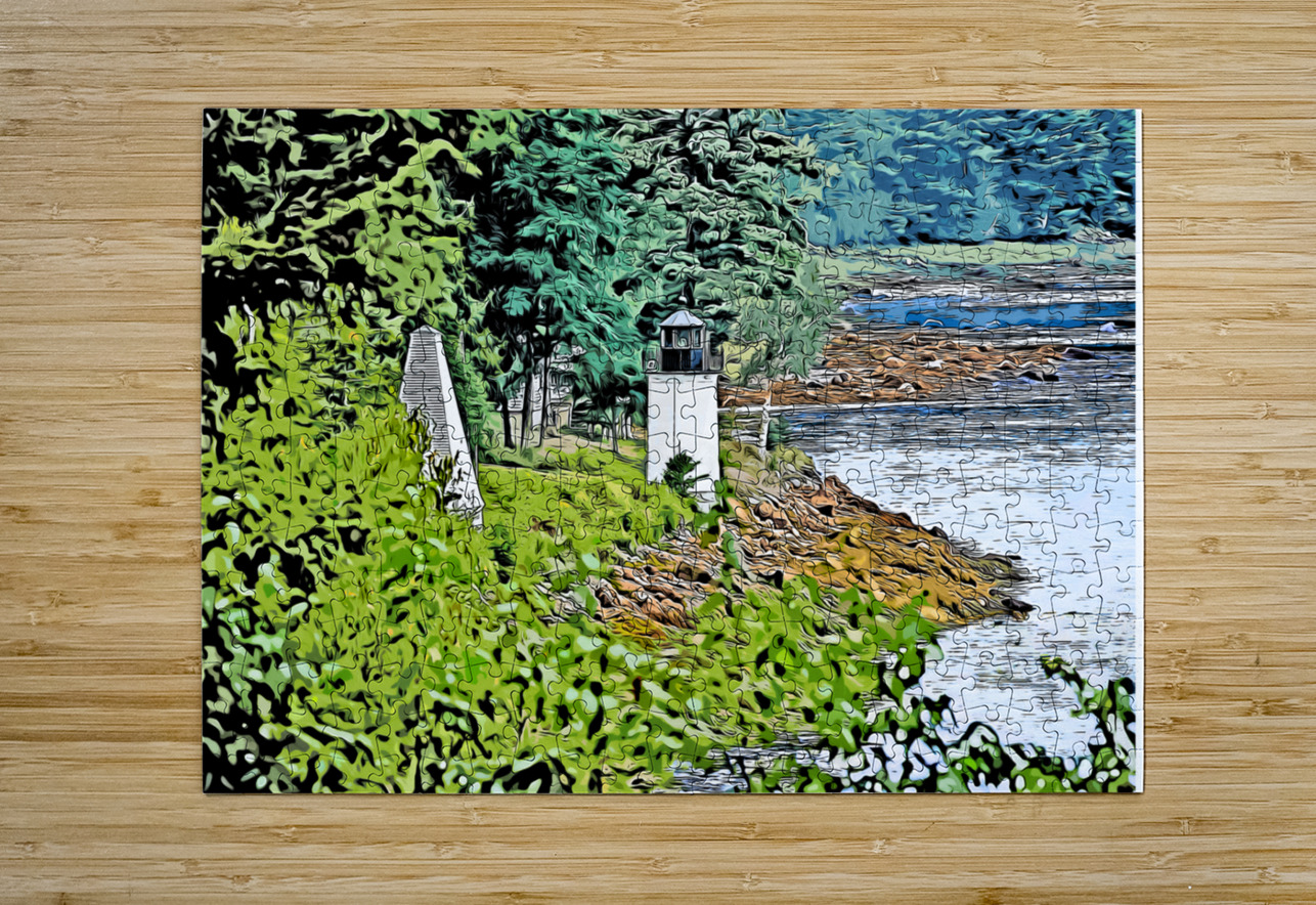 Whitlocks Mill Lighthouse and Fog Tower on River in Northernmost Maine - Illus. Allan Wood Puzzle printing