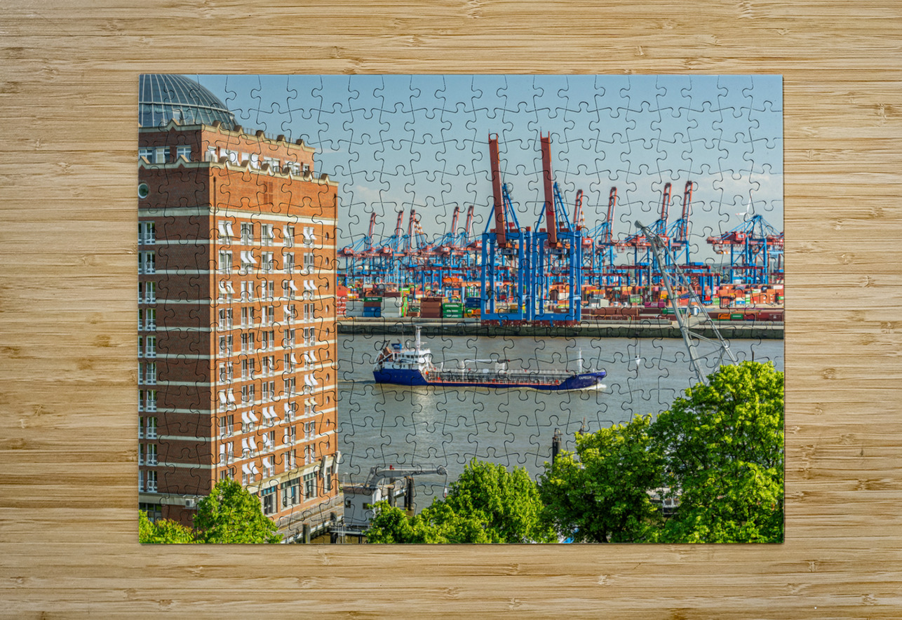 View of the Burchardkai container terminal and ship from Hamburg Övelgönne Germany caladoart Puzzle printing