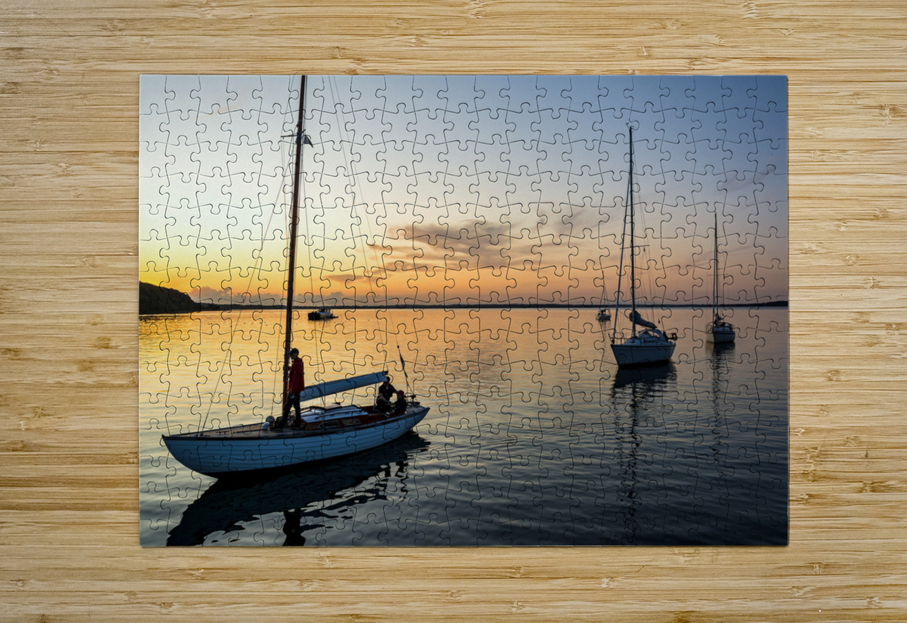Sailing boats coming back into the harbour during scenic sunset at the Baltic Sea in Northern Germany caladoart Puzzle printing
