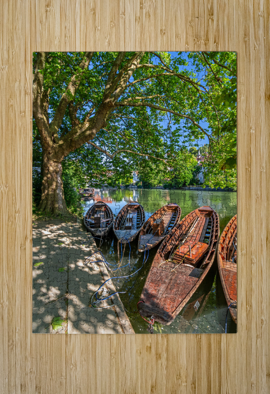 Traditional punt boats Stocherkahn at the pier at the Neckar River in Tübingen Germany caladoart Puzzle printing