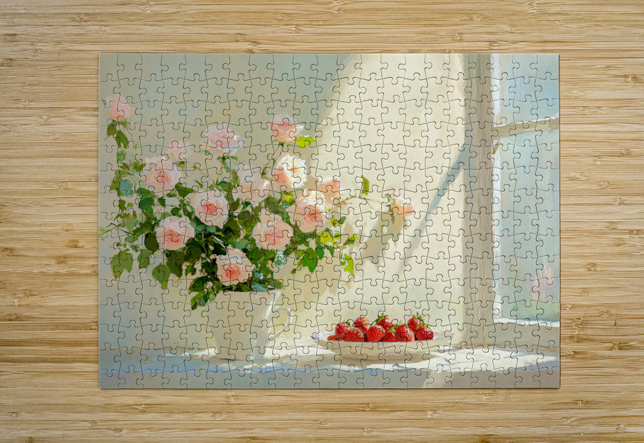 Still Life Pink Roses and Strawberries by a Window Travelling Light Puzzle printing