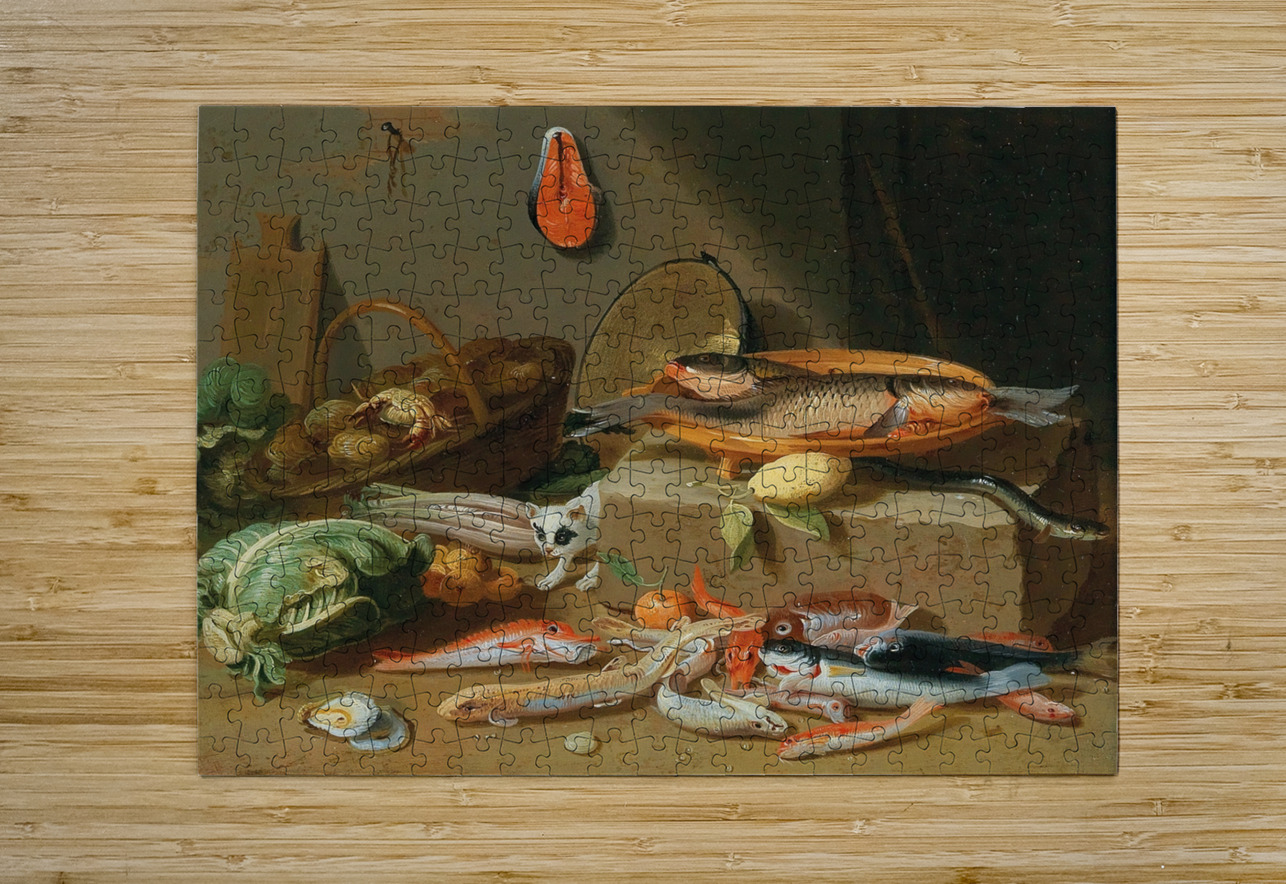 A kitchen still life with fish. Vegetables and a cat by Pseudo Jan van Kessel II MyCozyFineArt Puzzle printing