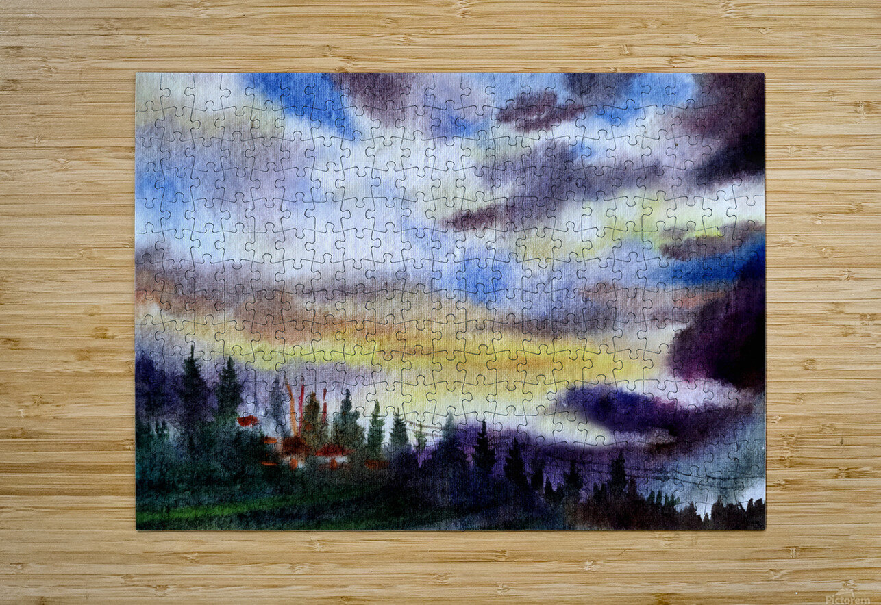Cloudy Sunset Himalaya Mountain Landscape  Watercolor Painting Samiran Sarkar Puzzle printing
