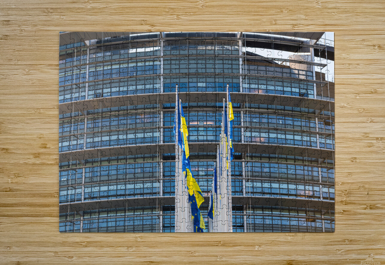 Front view of Ukrainian flag flies next to the Flag of Europe in front of Parliament building Adrian H  Puzzle printing