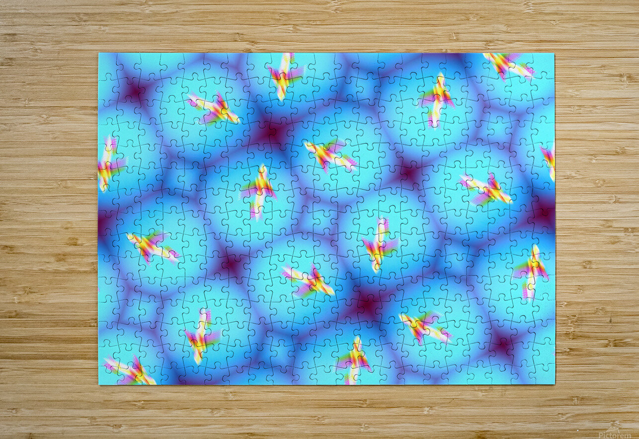 Low view of airplane against blue sky during takeoff or landing in metaverse Adrian H  Puzzle printing